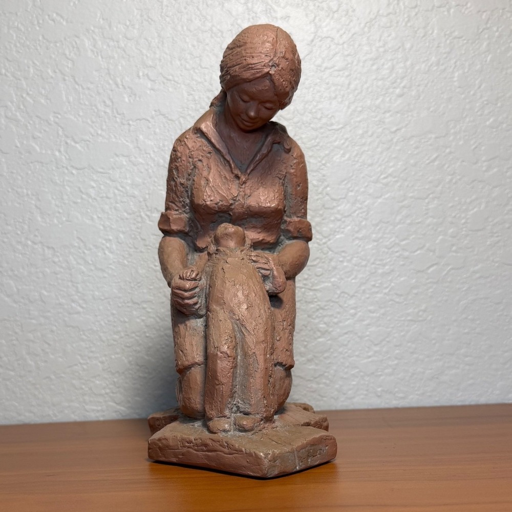 Vintage Mother and Child Sculpture Signed Terracotta Color Figurine 10"